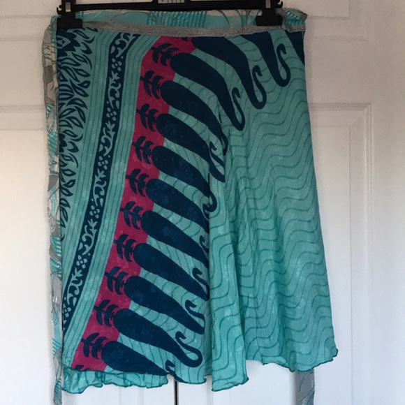 Sari wrap skirt, reversible, blues - Picture 2 of 9